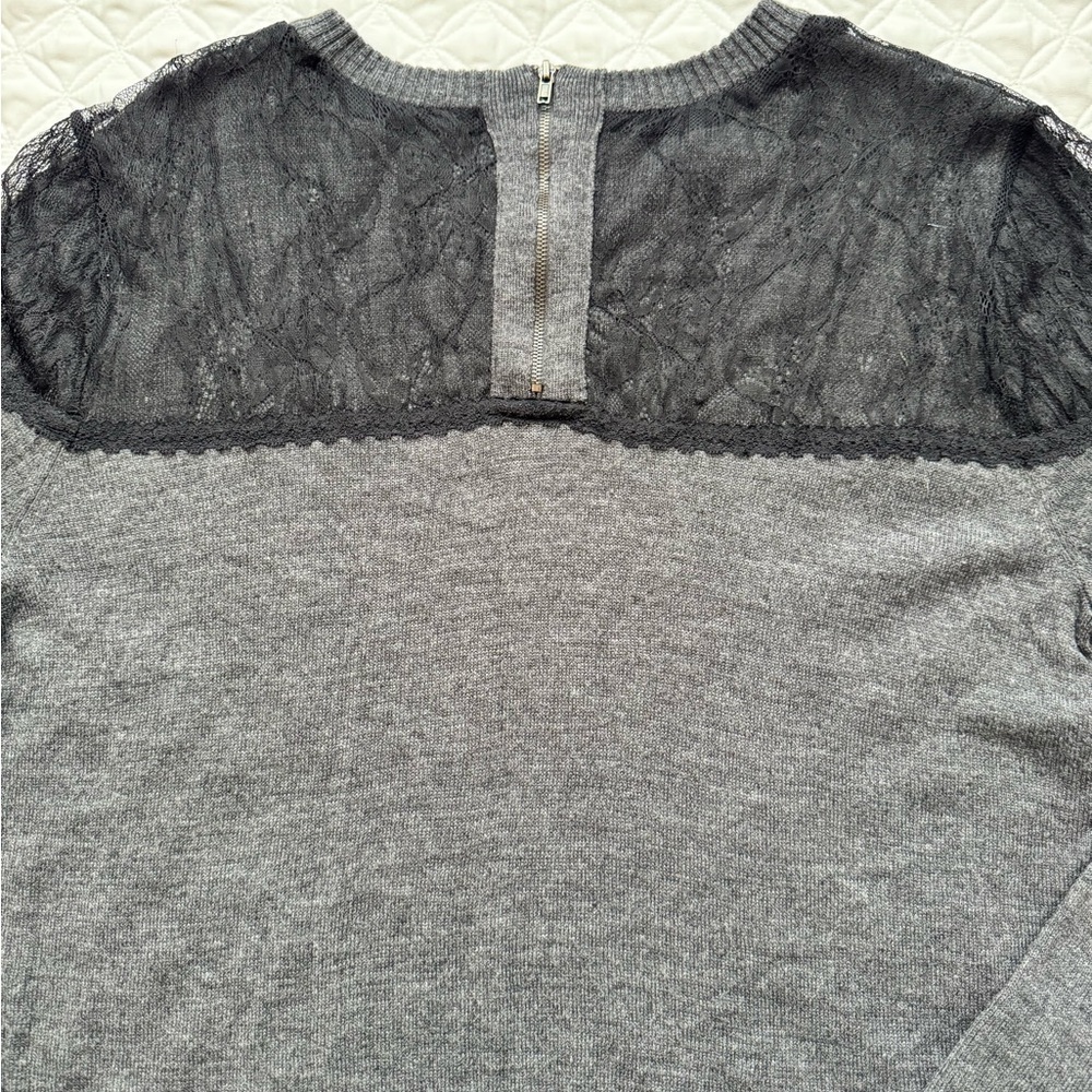 Nicole Richie Charcoal Gray Black Lace Yoke Zip Back Knit Tunic Sweater Sz L - Picture 7 of 15
